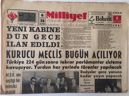 1961 kurucu Meclise ilişkin gazete haberi